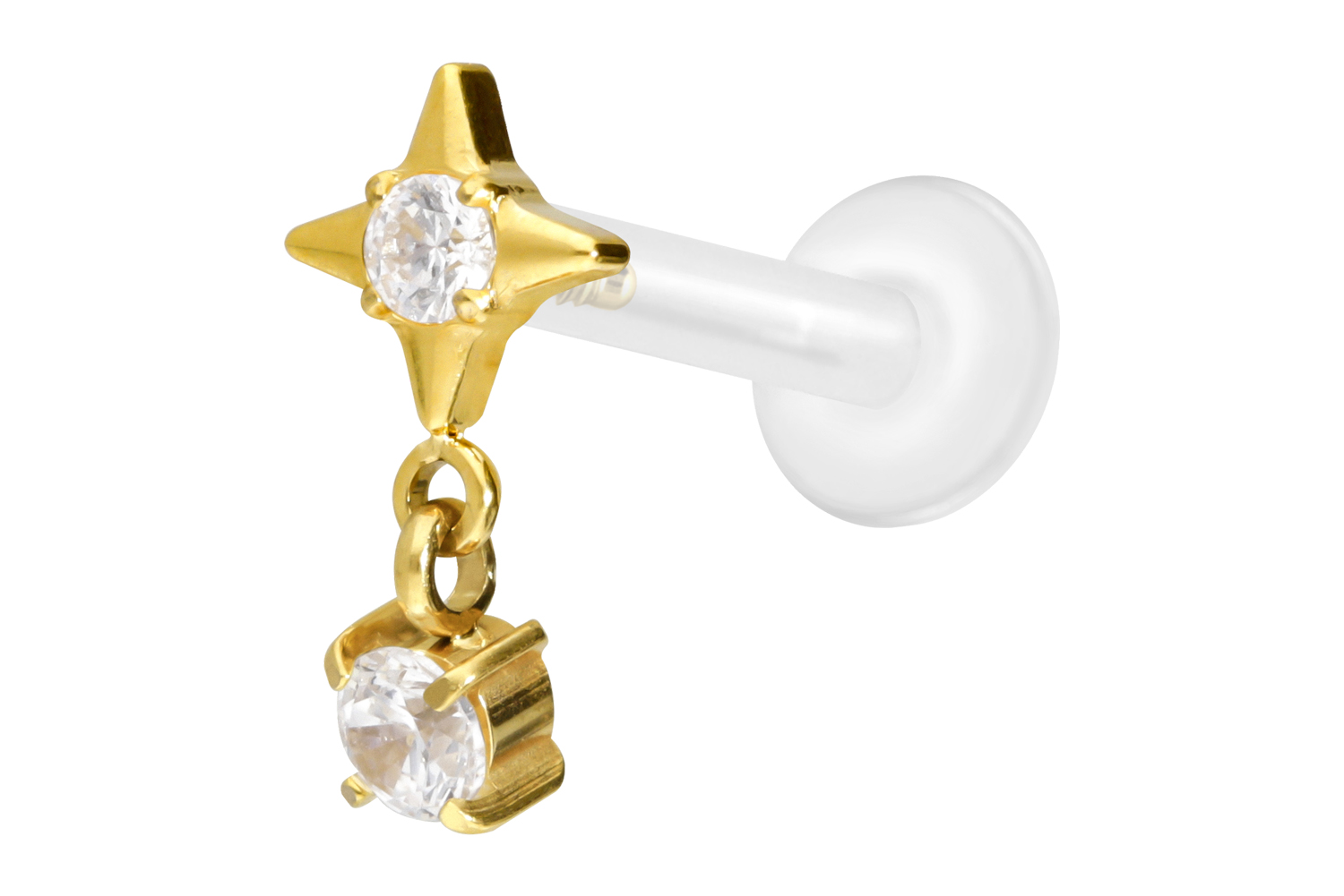 PTFE Labret Piercing mit Innengewinde + Titan-Aufsatz STERN + KRISTALL